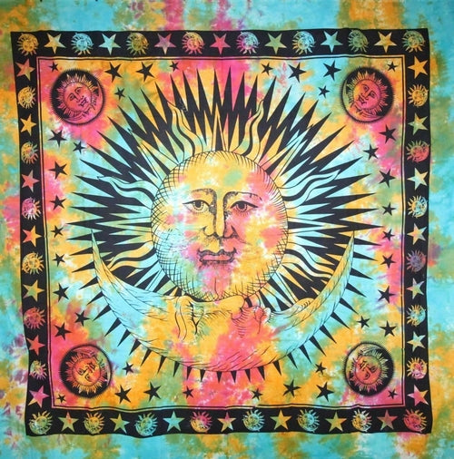 Divine Sun & Crescent Moon Tapestry | 90x80 Handmade | Tie-Dye | 100% Cotton | Celestial Wall Hanging