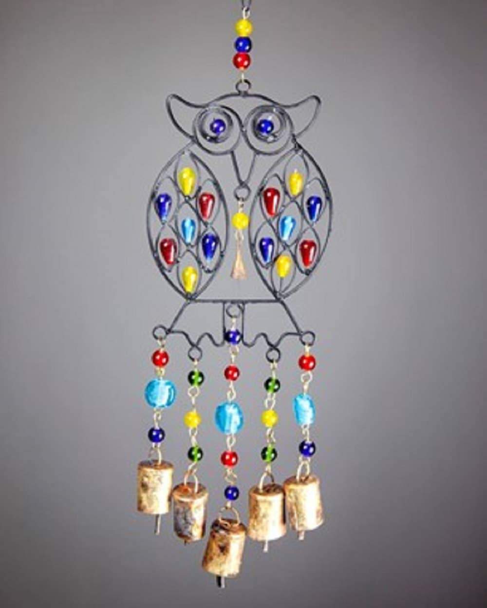 Beaded Owl Colored Glass Brass Bells | Wall Hanging Chime | 15" Handmade | Sustainable Home Decor