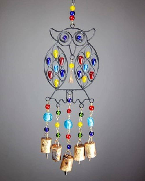 Beaded Owl Colored Glass Brass Bells | Wall Hanging Chime | 15" Handmade | Sustainable Home Decor