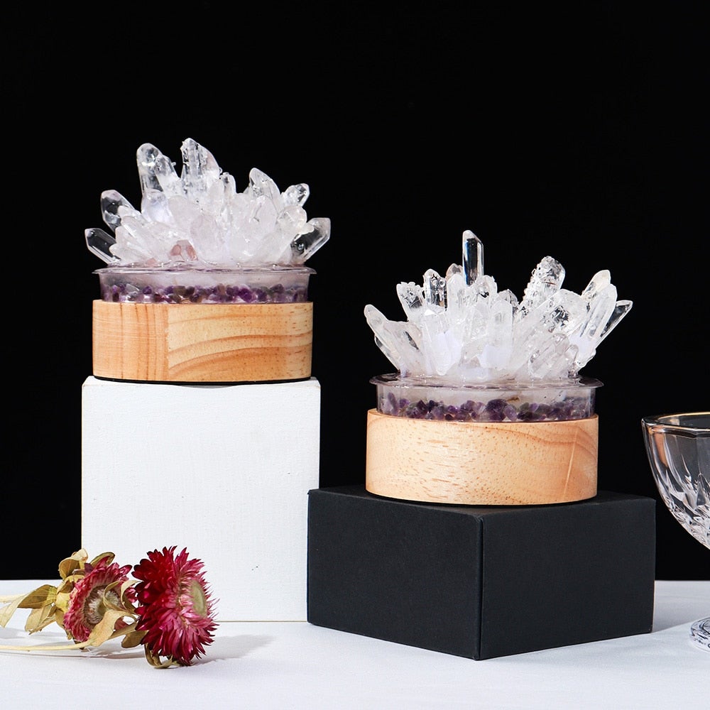 Clear Quartz Crystal Lamp with Wooden Base | Healing Crystal Night Light | Feng Shui Decor | Table Lamp