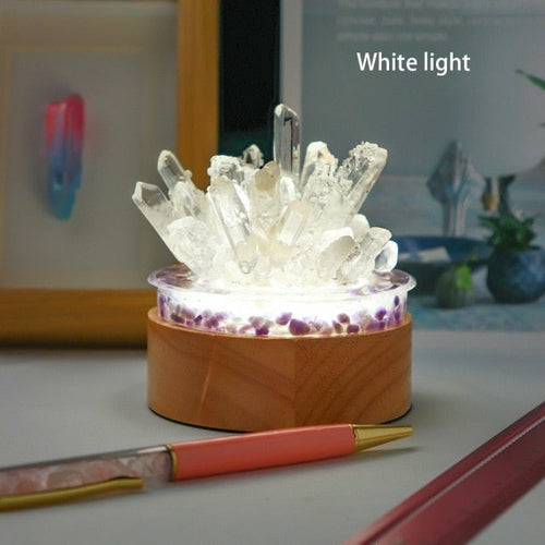 Clear Quartz Crystal Lamp with Wooden Base | Healing Crystal Night Light | Feng Shui Decor | Table Lamp