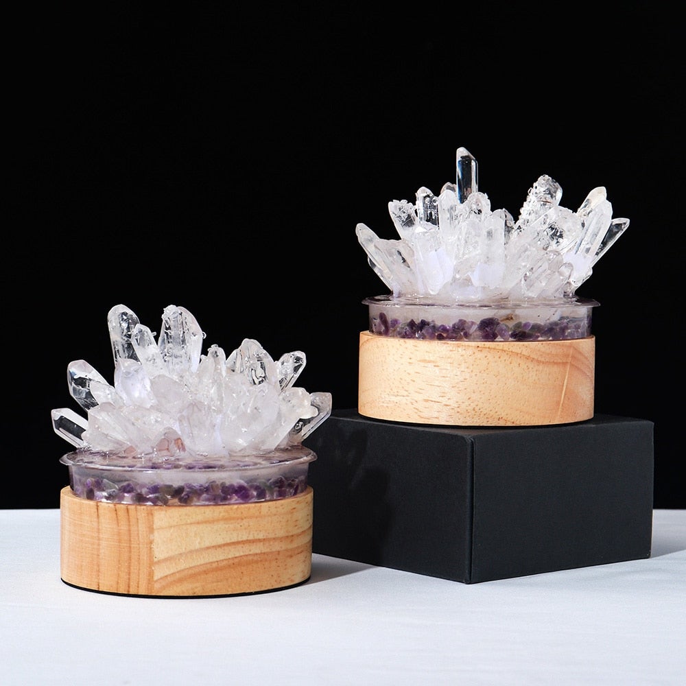 Clear Quartz Crystal Lamp with Wooden Base | Healing Crystal Night Light | Feng Shui Decor | Table Lamp