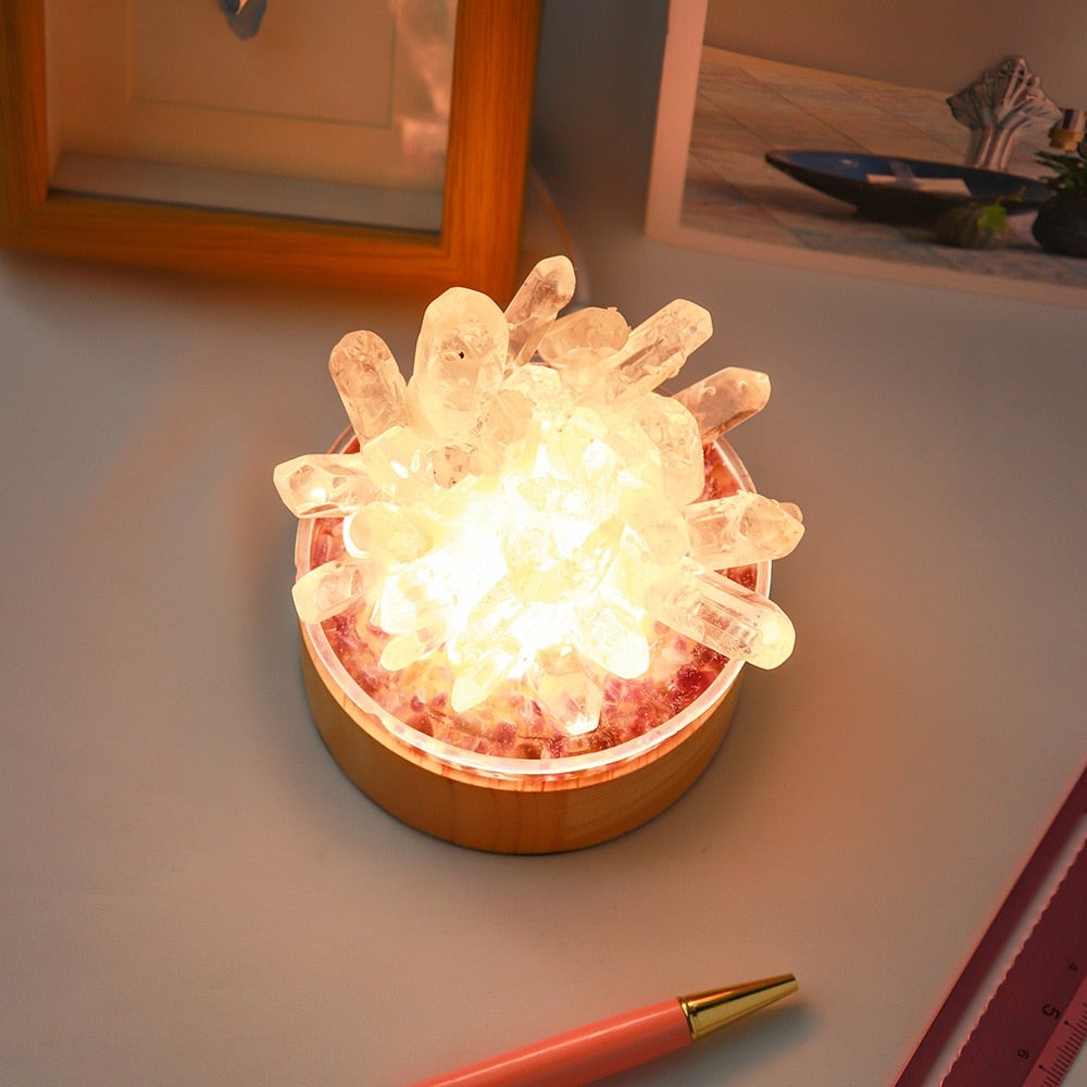 Clear Quartz Crystal Lamp with Wooden Base | Healing Crystal Night Light | Feng Shui Decor | Table Lamp