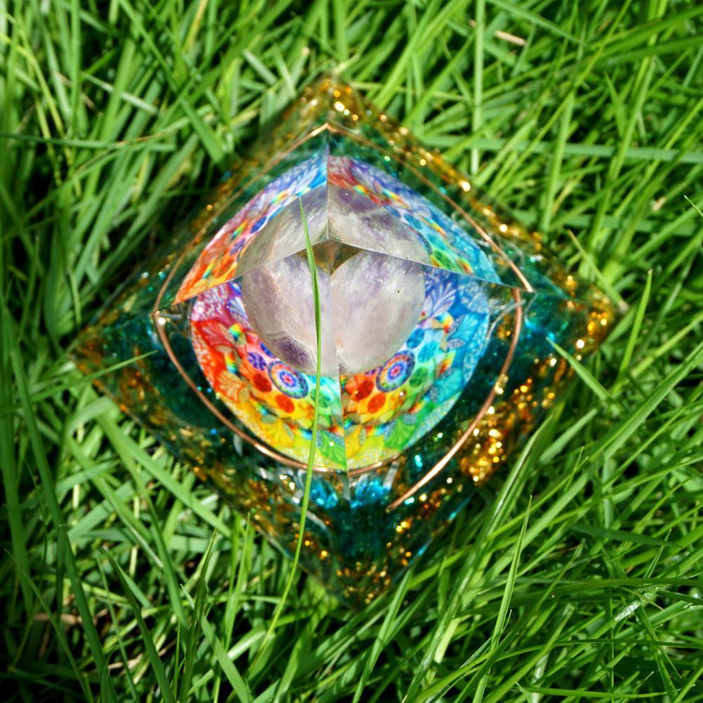 Handmade Amethyst Orgone Pyramid | Crystal Sphere Copper Blue Quartz | EMF Protection Energy
