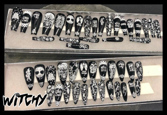 Press On Stiletto Nails | 24 Themed Fake Nails Set | Witchy Gothic Nail Art