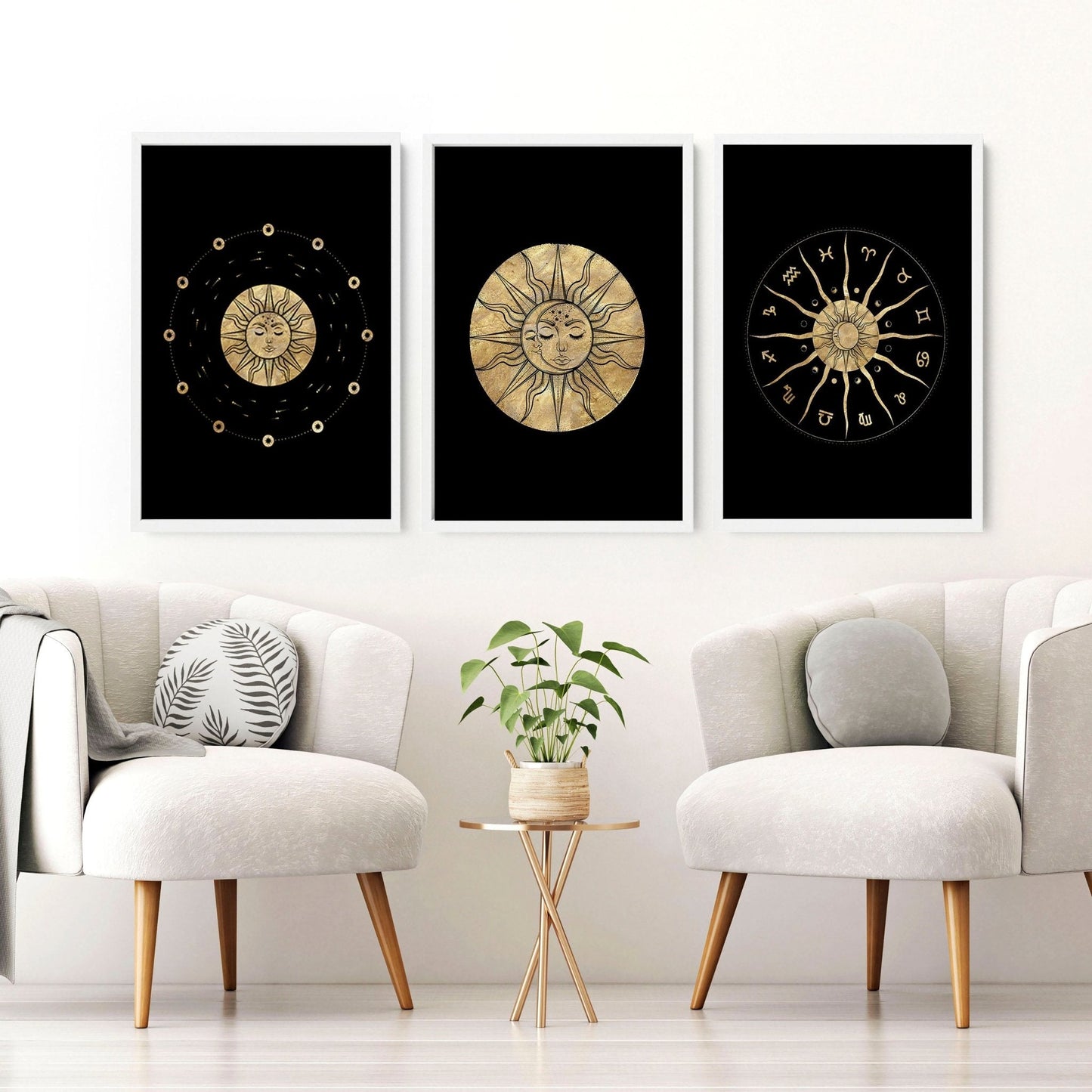 Sun and Moon Drawing Set of 3 Framed Wall Art | Gold Wall Art | Living Room Decor | Celestial Art