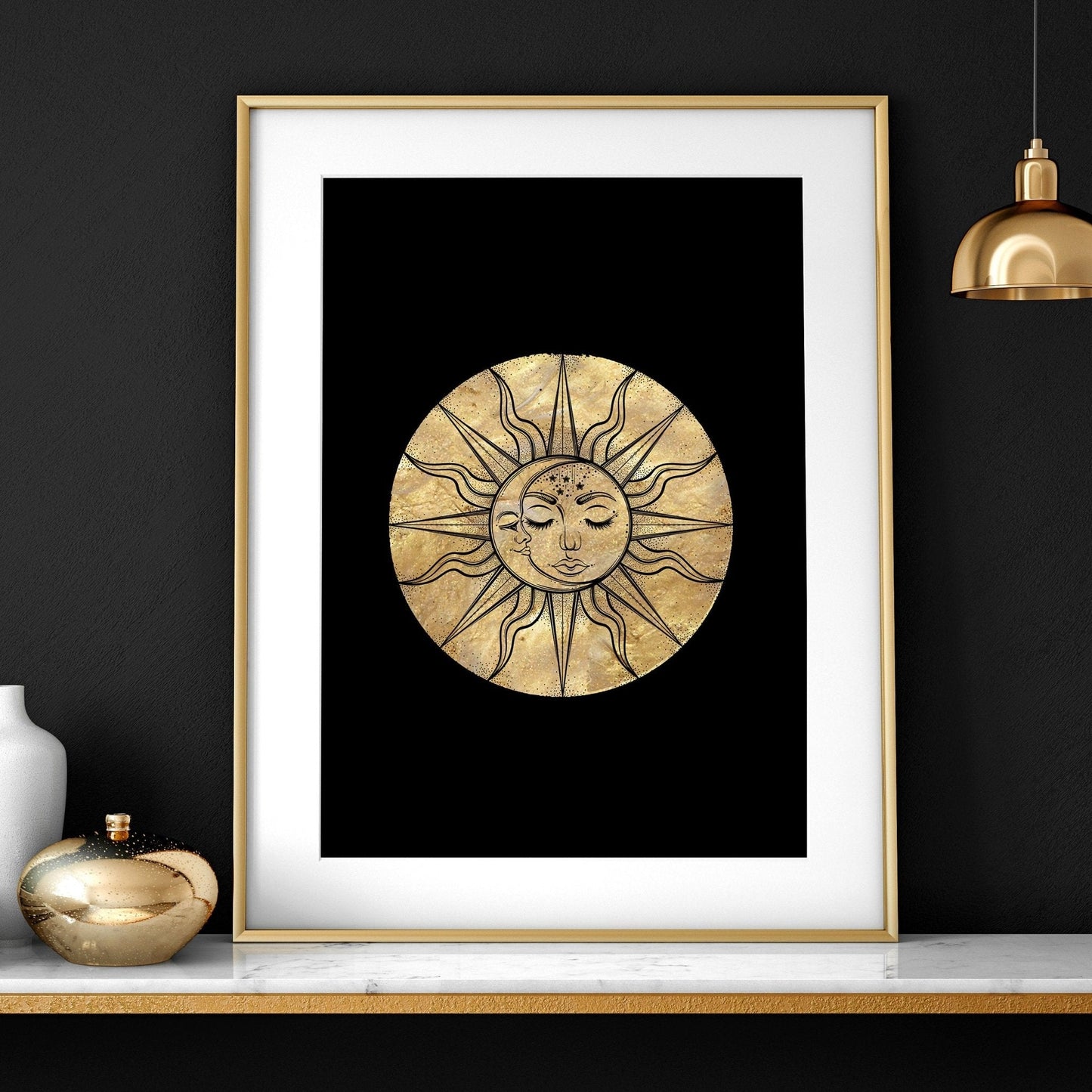 Sun and Moon Drawing Set of 3 Framed Wall Art | Gold Wall Art | Living Room Decor | Celestial Art
