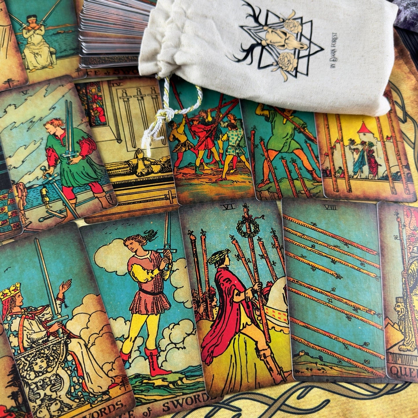 Rider Waite Borderless Vintage Tarot Deck | Eco Linen 78 Card Set | Gift Set with Guidebook | Classic Tarot