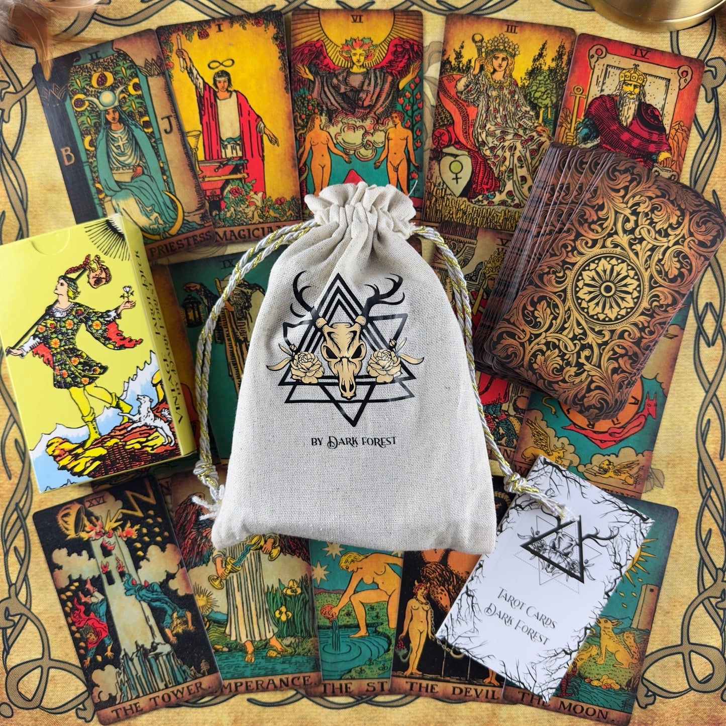Rider Waite Borderless Vintage Tarot Deck | Eco Linen 78 Card Set | Gift Set with Guidebook | Classic Tarot