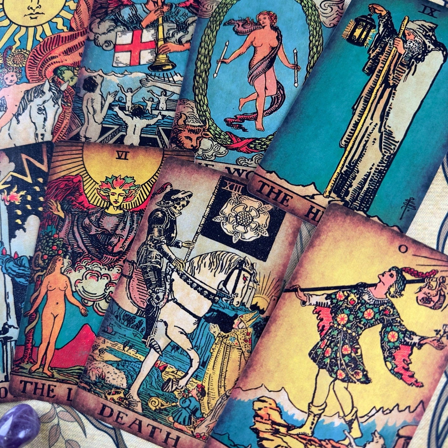 Rider Waite Borderless Vintage Tarot Deck | Eco Linen 78 Card Set | Gift Set with Guidebook | Classic Tarot