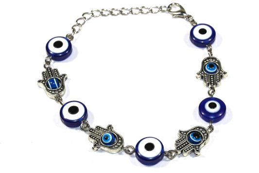 Hamsa Hands & Evil Eye Marbled Bead Bracelet | Protection Jewelry | Silver Tone | 7.5" Adjustable