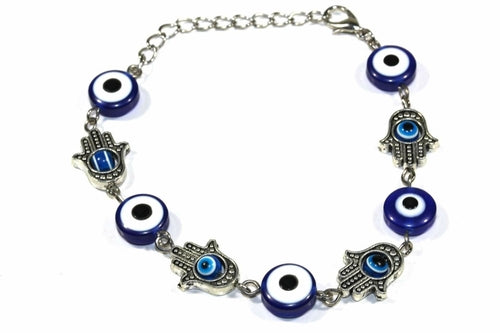 Hamsa Hands & Evil Eye Marbled Bead Bracelet | Protection Jewelry | Silver Tone | 7.5" Adjustable