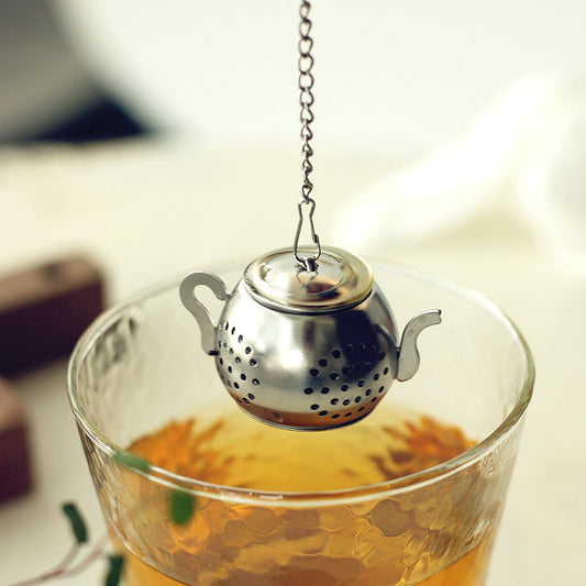 Mini Teapot Infuser | Stainless Steel | Chain-Pull Lid | Drip Tray | Tea Strainer | 3.5x3cm