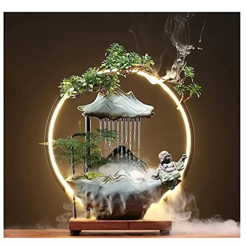 Ceramic Buddha Water Fountain | LED Backflow Incense Holder | Feng Shui | 13.8"x5.5"x15" | Indoor Tabletop
