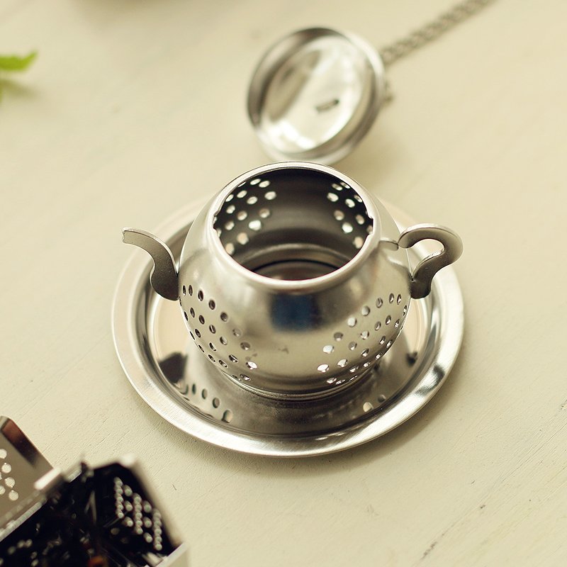 Mini Teapot Infuser | Stainless Steel | Chain-Pull Lid | Drip Tray | Tea Strainer | 3.5x3cm