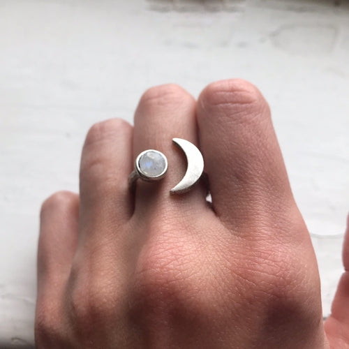 Moon Goddess Ring | Crescent Moon | Rainbow Moonstone | Handmade Jewelry | Mythology | Magical