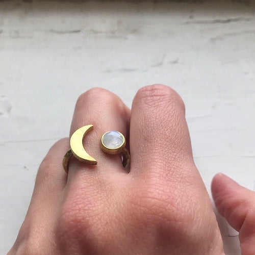 Moon Goddess Ring | Crescent Moon | Rainbow Moonstone | Handmade Jewelry | Mythology | Magical