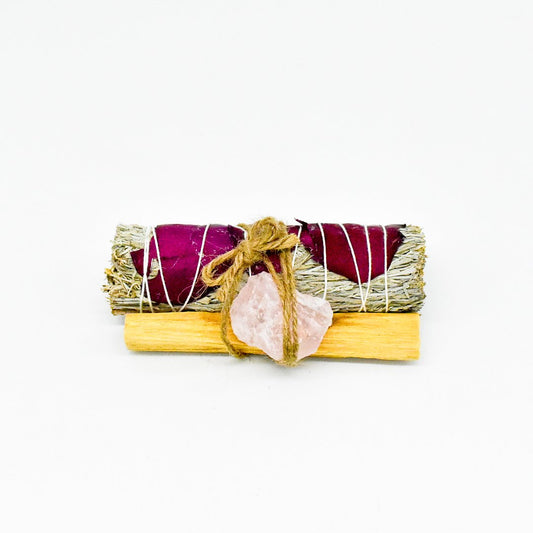 Sage Bundle for Love & Friendship | White Sage Palo Santo Rose Quartz | Handmade Smudge Kit | 4" Bundle