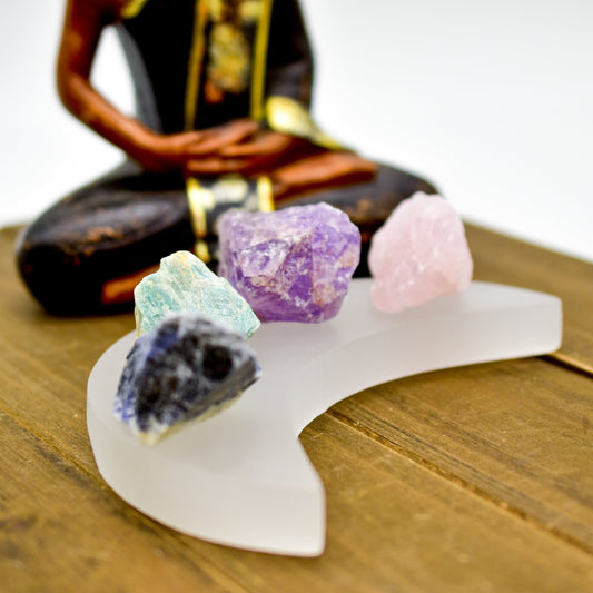 Crescent Moon Selenite Charging Plate | Crystal Cleansing Plate | Handcarved Morocco | 5.5" x 2.5"