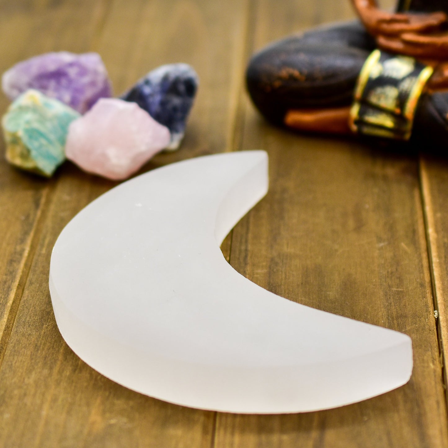 Crescent Moon Selenite Charging Plate | Crystal Cleansing Plate | Handcarved Morocco | 5.5" x 2.5"