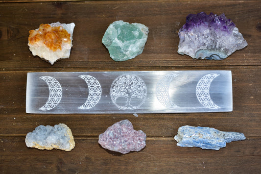 Moon Phase Tree of Life Engraved Selenite Bar | Crystal Charging Bar | 8" Morocco Selenite | Flower of Life