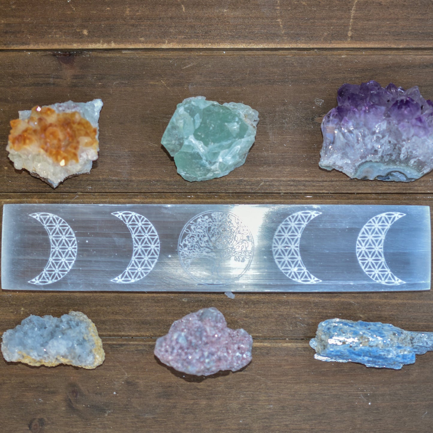 Moon Phase Tree of Life Engraved Selenite Bar | Crystal Charging Bar | 8" Morocco Selenite | Flower of Life