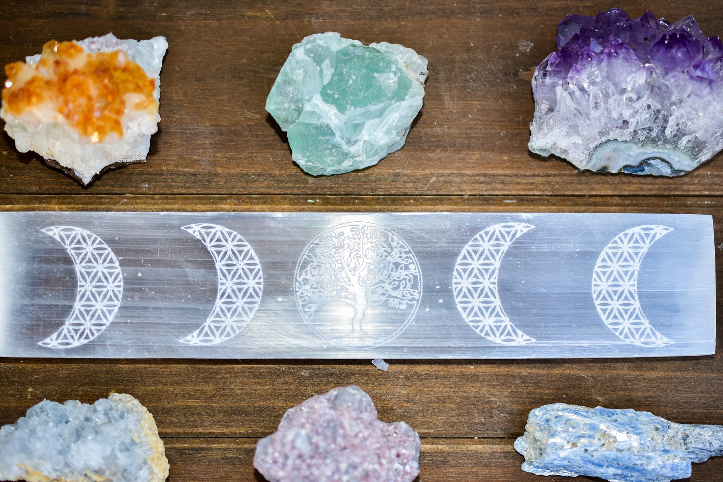 Moon Phase Tree of Life Engraved Selenite Bar | Crystal Charging Bar | 8" Morocco Selenite | Flower of Life
