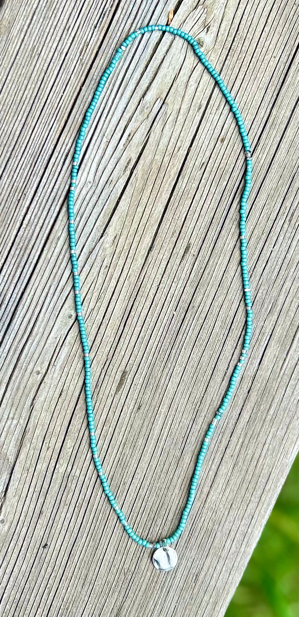 Sage Green Boho Seed Bead Necklace | Silver Circle Pendant | Czech Glass Beads | Bohemian Jewelry