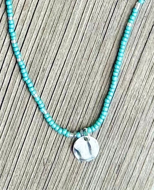 Sage Green Boho Seed Bead Necklace | Silver Circle Pendant | Czech Glass Beads | Bohemian Jewelry