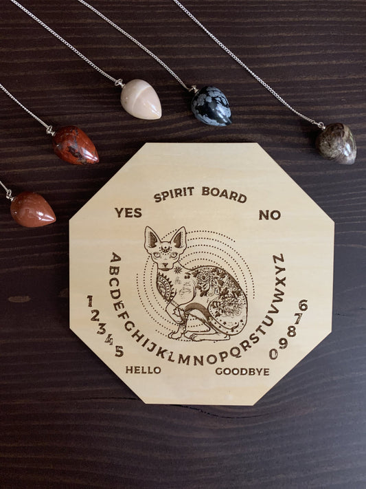 Wood Mystic Cat Pendulum Spirit Board | Maple Wood Divination Board | Intuitive Pendulum Set | Cat Magic