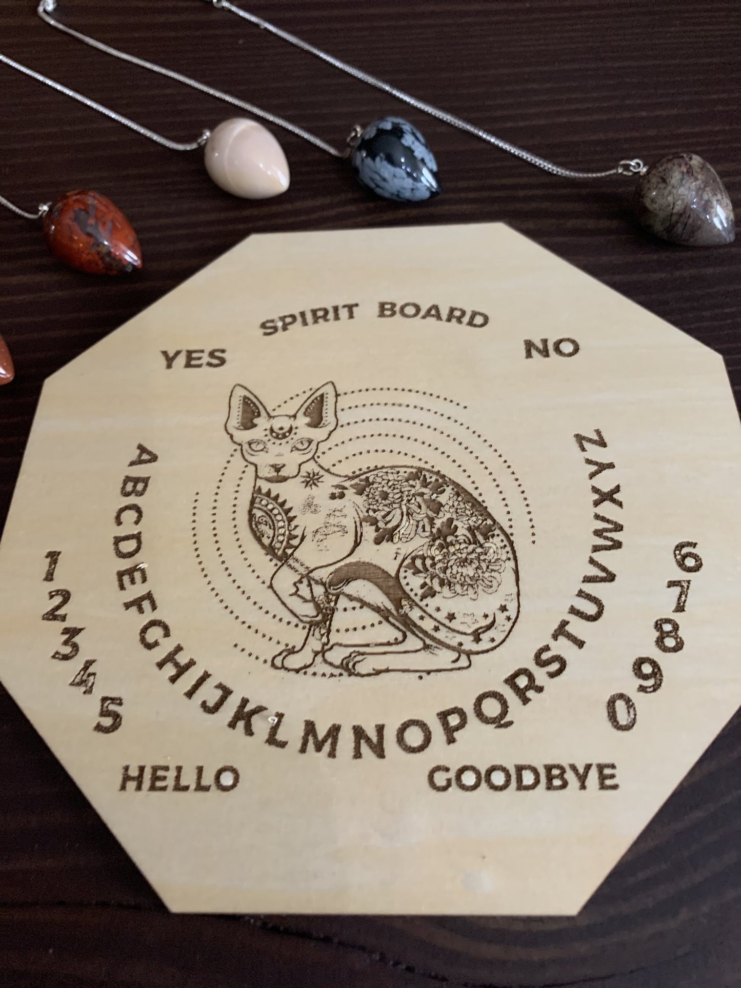 Wood Mystic Cat Pendulum Spirit Board | Maple Wood Divination Board | Intuitive Pendulum Set | Cat Magic