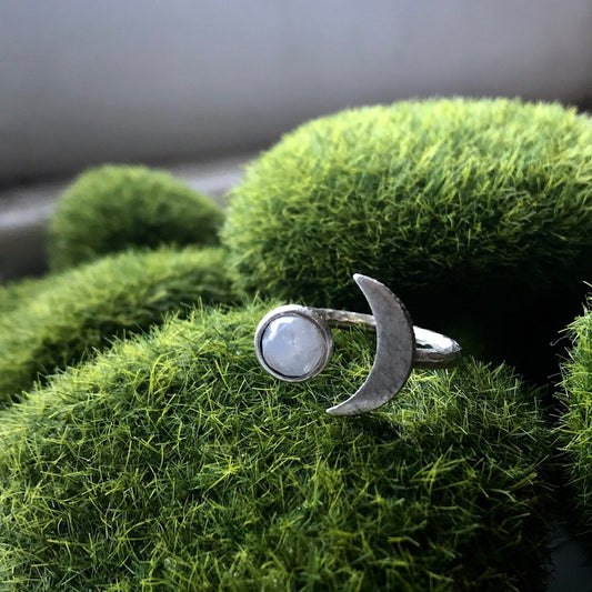 Moon Goddess Ring | Crescent Moon | Rainbow Moonstone | Handmade Jewelry | Mythology | Magical