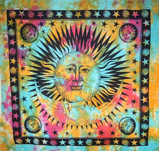 Divine Sun & Crescent Moon Tapestry | 90x80 Handmade | Tie-Dye | 100% Cotton | Celestial Wall Hanging
