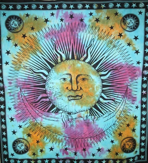 Divine Sun & Crescent Moon Tapestry | 90x80 Handmade | Tie-Dye | 100% Cotton | Celestial Wall Hanging