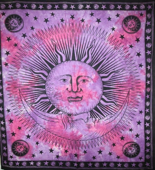 Divine Sun & Crescent Moon Tapestry | 90x80 Handmade | Tie-Dye | 100% Cotton | Celestial Wall Hanging