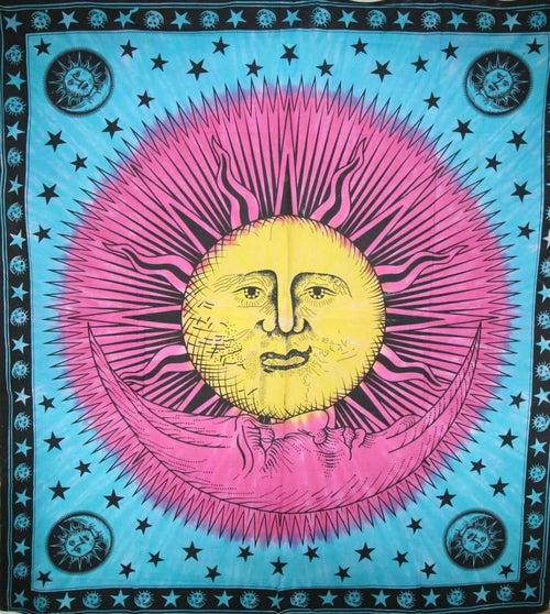 Divine Sun & Crescent Moon Tapestry | 90x80 Handmade | Tie-Dye | 100% Cotton | Celestial Wall Hanging