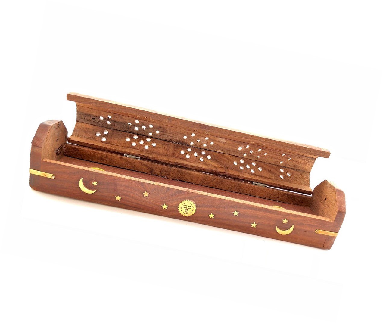 Celestial Wood Incense Burner | 18" Ash Catcher | Storage Box | Hand-Carved | Cone & Stick Burner