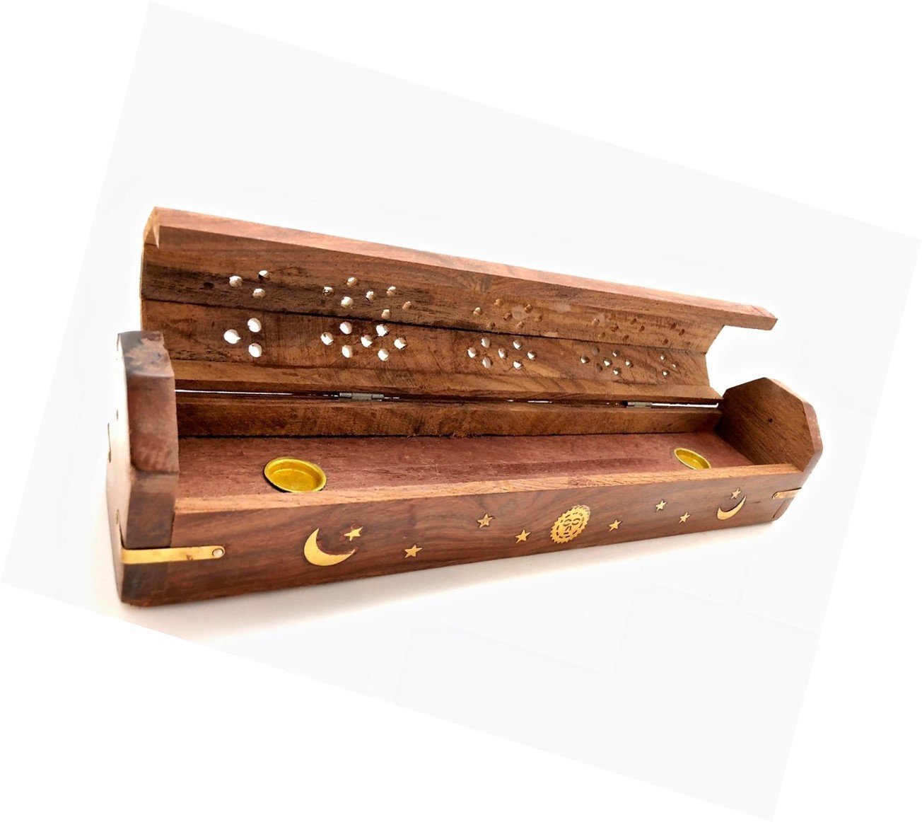 Celestial Wood Incense Burner | 18" Ash Catcher | Storage Box | Hand-Carved | Cone & Stick Burner