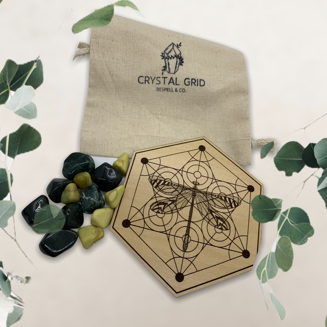 Crystal Grid for Elemental Connection | Dragonfly Metatron's Cube | 13 Crystal Set | Fairy Kingdom Grid