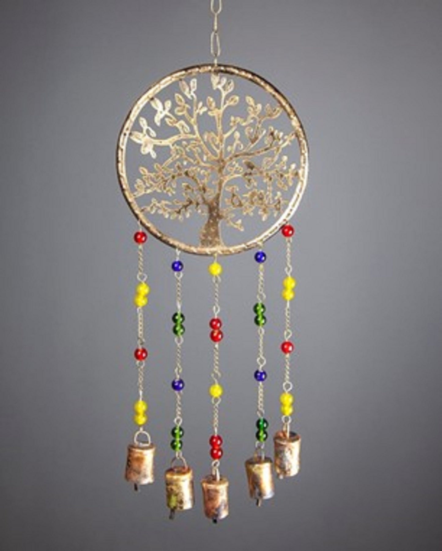 Tree of Life Chime Brass Bells | 19" Handmade | Colored Glass Beads | Sustainable Wall Hanging Decor