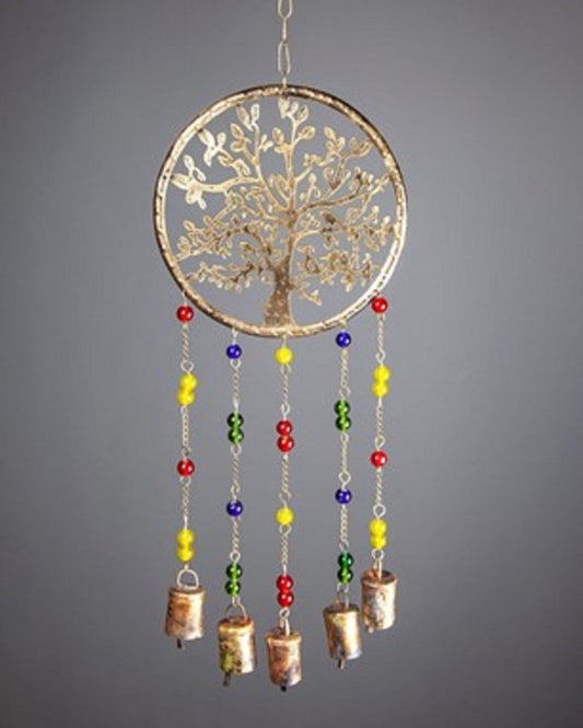 Tree of Life Chime Brass Bells | 19" Handmade | Colored Glass Beads | Sustainable Wall Hanging Decor