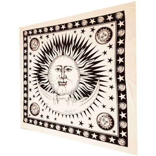 Divine Sun & Crescent Moon Tapestry | 90x80 Handmade | Tie-Dye | 100% Cotton | Celestial Wall Hanging