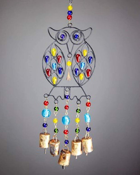 Beaded Owl Colored Glass Brass Bells | Wall Hanging Chime | 15" Handmade | Sustainable Home Decor