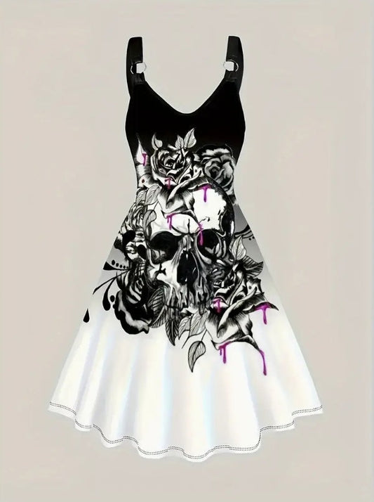 Black And White Floral Print Dress | Witchy Wardrobe | Gothic Floral Fashion | Polyester Stretch Dress
