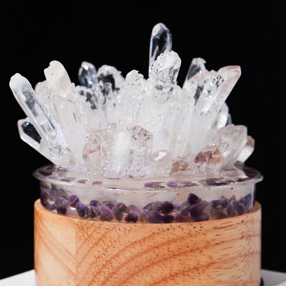 Clear Quartz Crystal Lamp with Wooden Base | Healing Crystal Night Light | Feng Shui Decor | Table Lamp