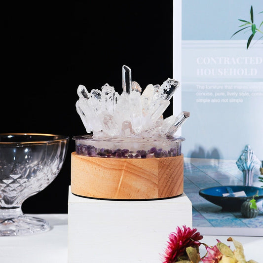 Clear Quartz Crystal Lamp with Wooden Base | Healing Crystal Night Light | Feng Shui Decor | Table Lamp
