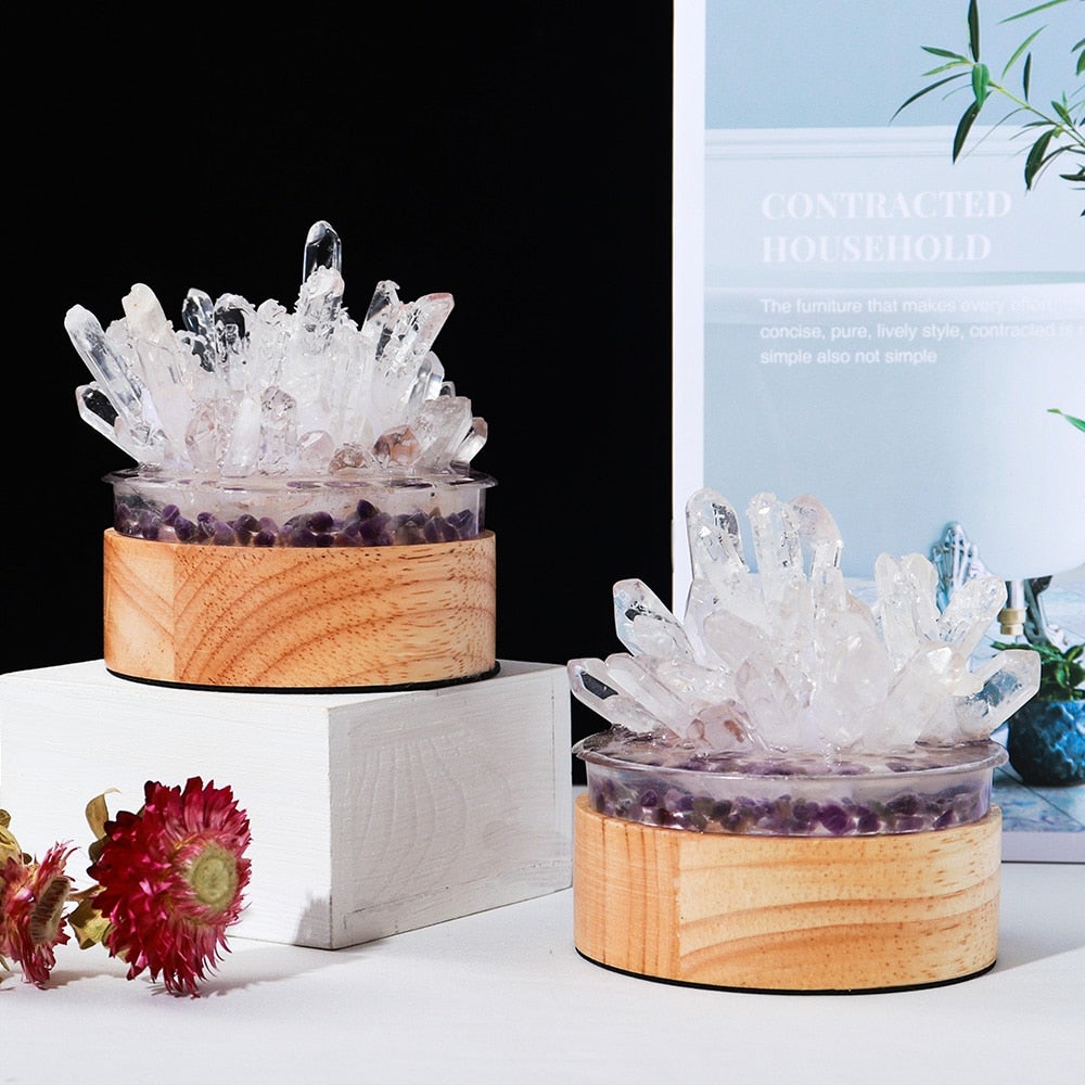 Clear Quartz Crystal Lamp with Wooden Base | Healing Crystal Night Light | Feng Shui Decor | Table Lamp