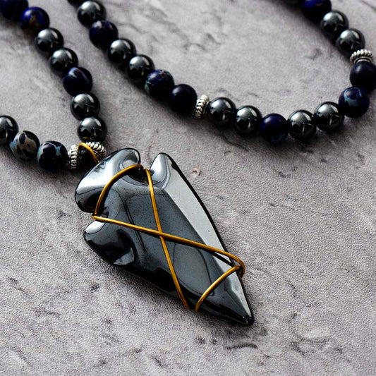 Imperial Jasper & Hematite Steampunk Arrowhead Necklace | Handmade Statement Jewelry | Unisex | 27.5"