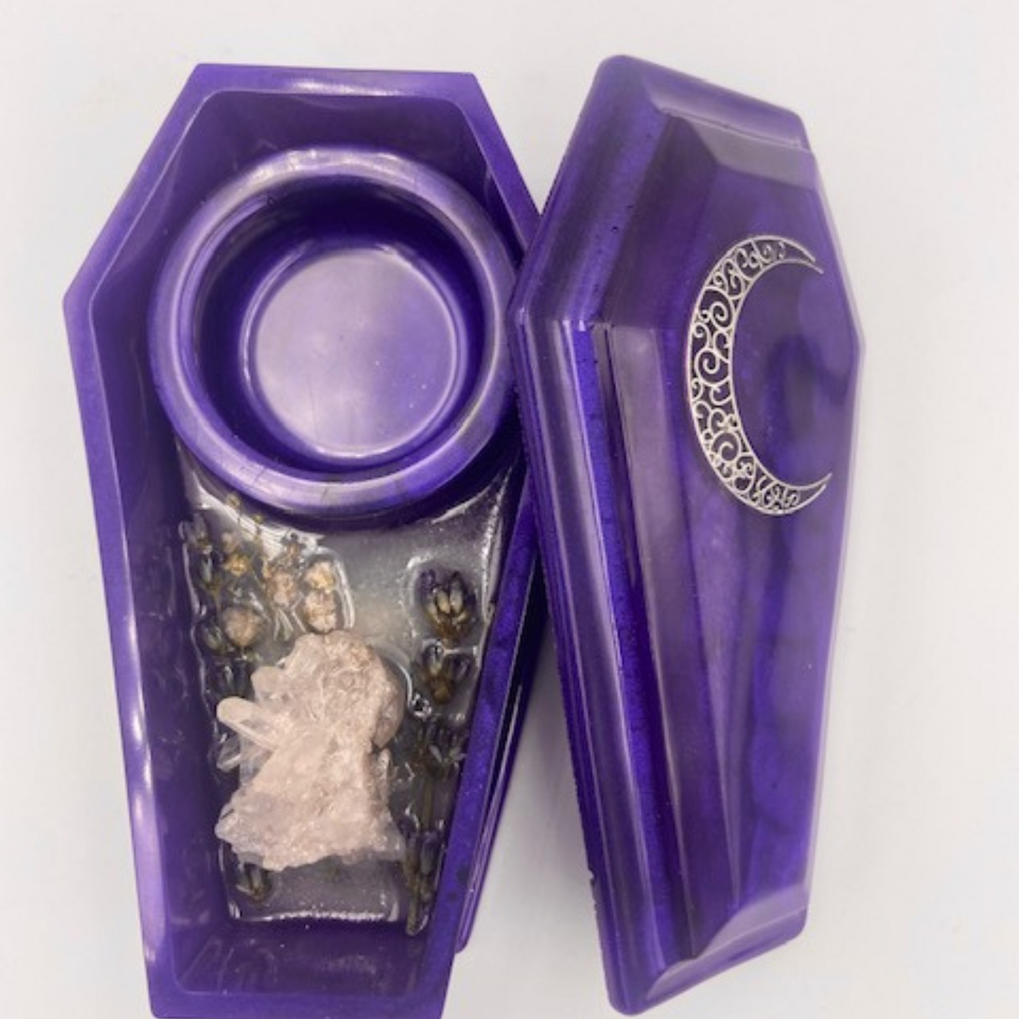Spiritual Coffin Tea Light Candle Holder | Clear Quartz | Incense Holder | Crescent Moon | Lavender