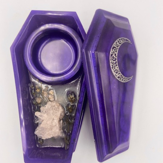 Spiritual Coffin Tea Light Candle Holder | Clear Quartz | Incense Holder | Crescent Moon | Lavender